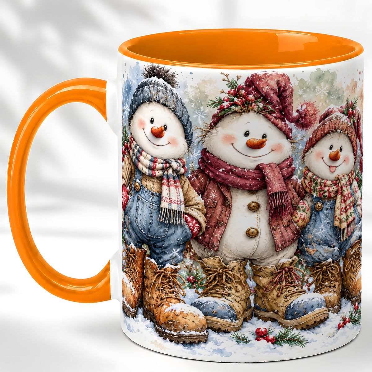 #pl[11oz|Orange] Snowman Family Coffee Mug, Winter Friends Mug, Ceramic Cup