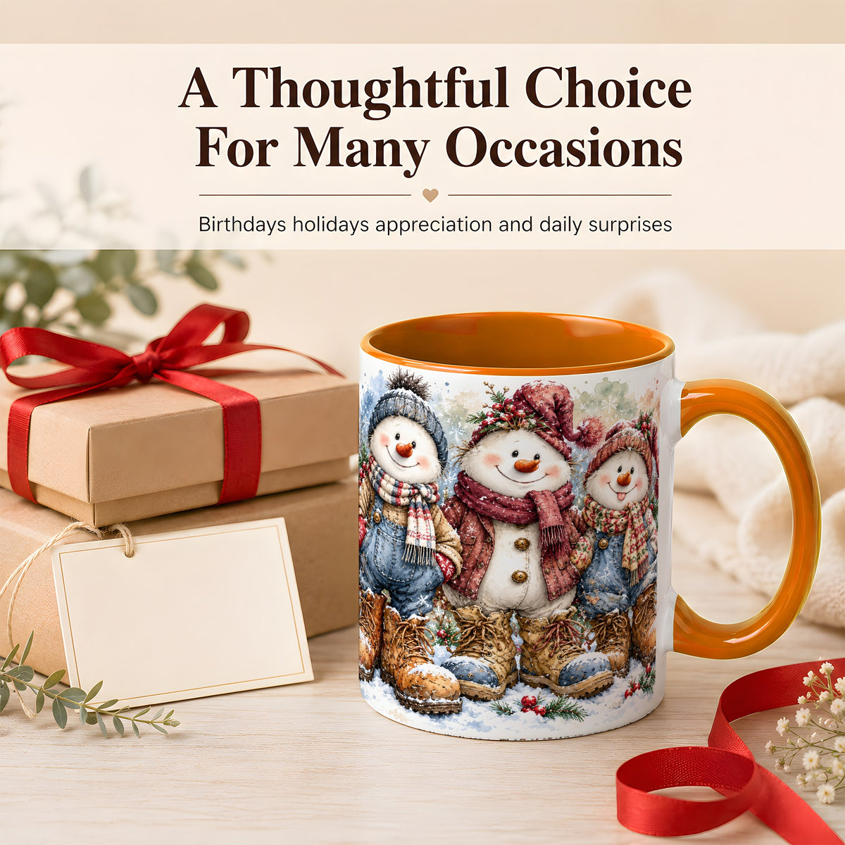 #pl[11oz|Orange] Snowman Family Coffee Mug, Winter Friends Mug, Ceramic Cup