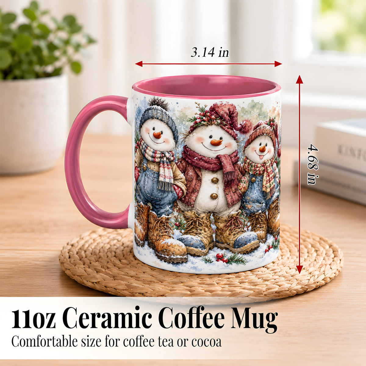 #pl[11oz|Pink] Snowman Family Coffee Mug, Winter Friends Mug, Ceramic Cup