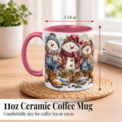 #pl[11oz|Pink] Snowman Family Coffee Mug, Winter Friends Mug, Ceramic Cup