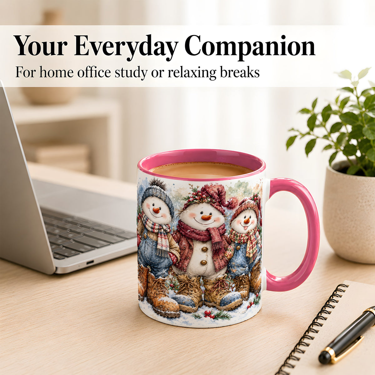 #pl[11oz|Pink] Snowman Family Coffee Mug, Winter Friends Mug, Ceramic Cup