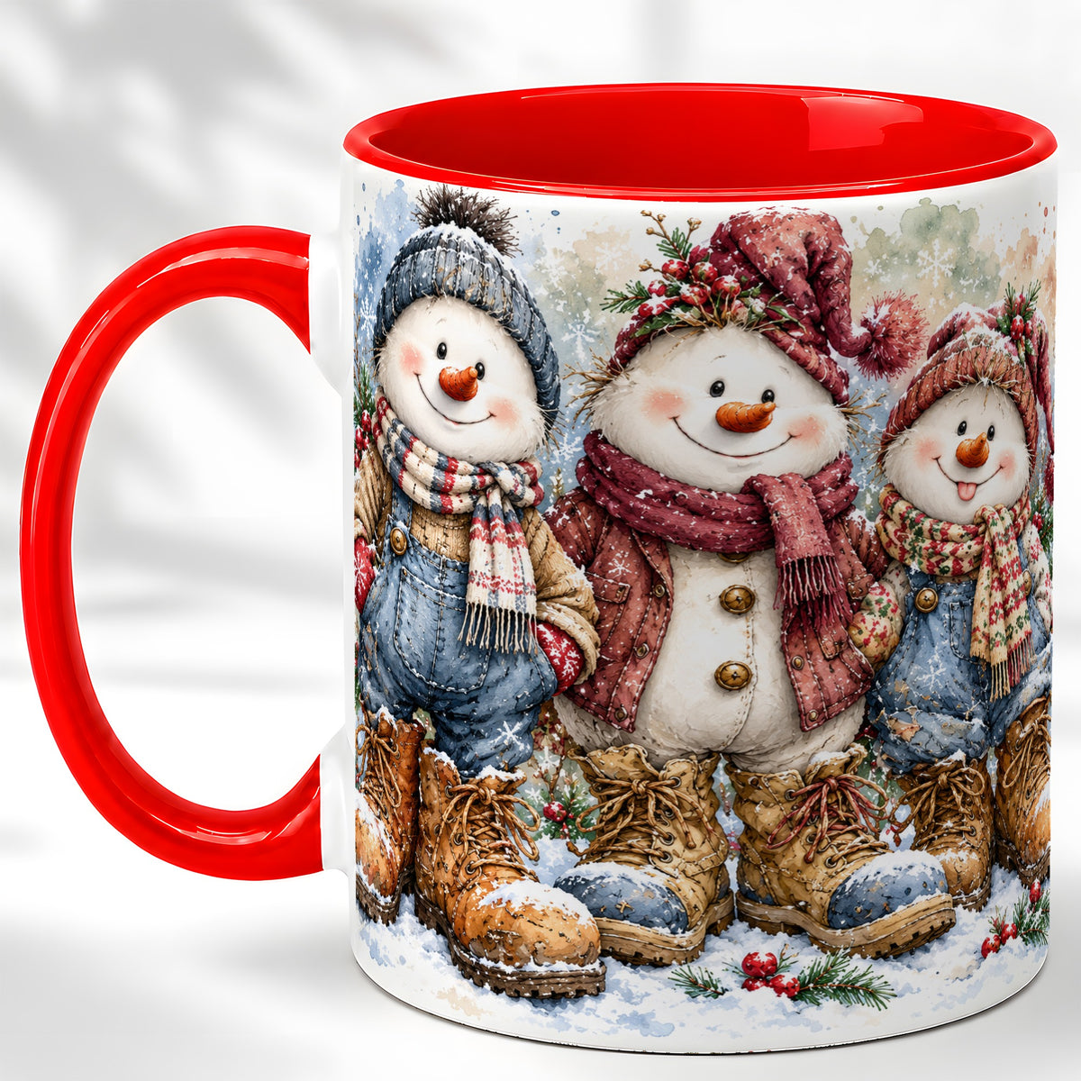 Snowman Family Coffee Mug, Winter Friends Mug, Ceramic Cup