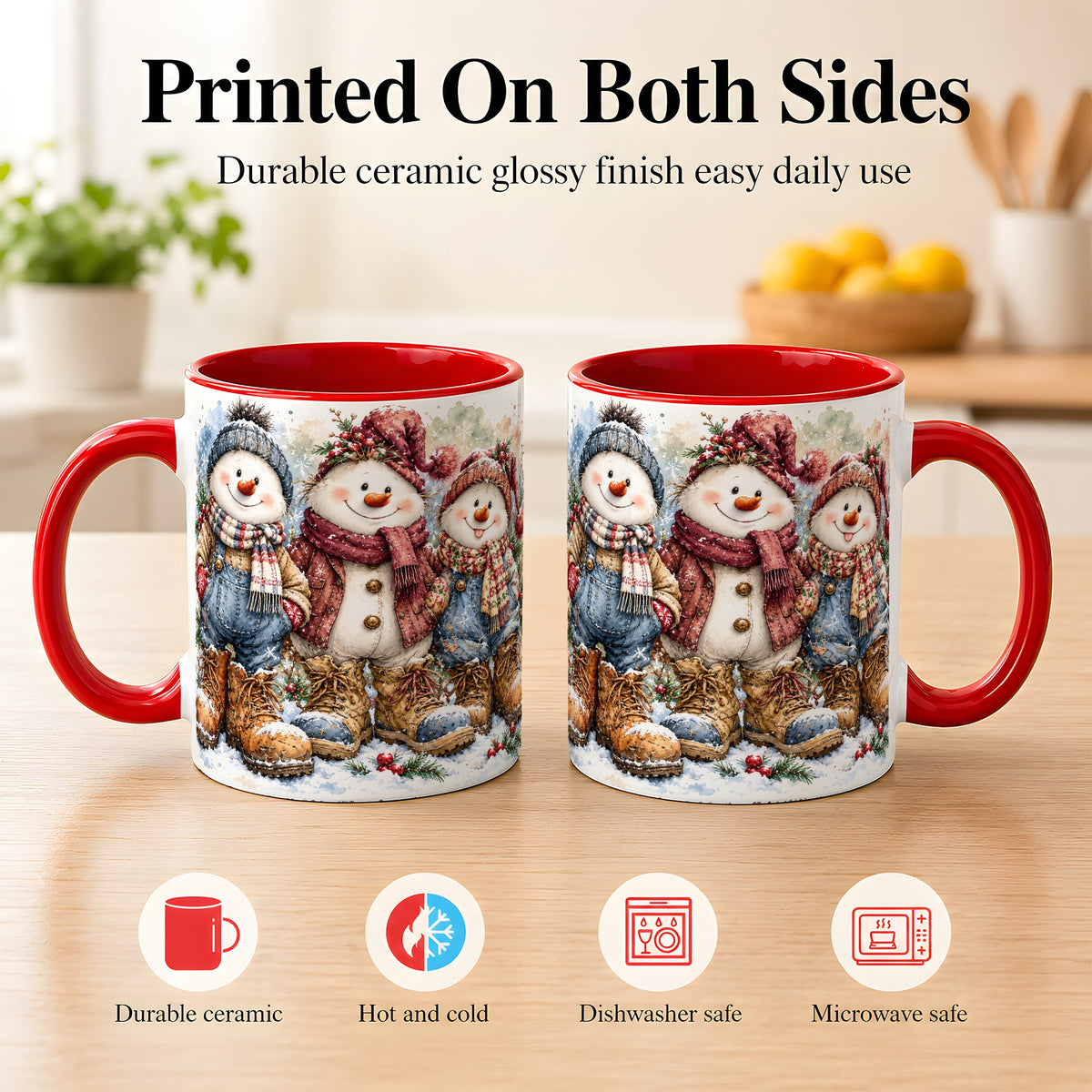 #pl[11oz|Red] Snowman Family Coffee Mug, Winter Friends Mug, Ceramic Cup