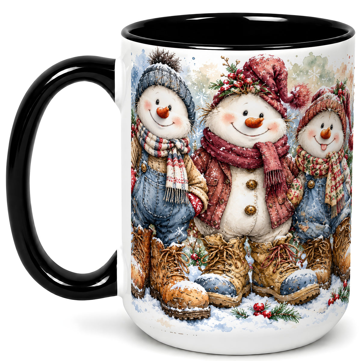 #pl[15oz|Black] Snowman Family Coffee Mug, Winter Friends Mug, Ceramic Cup
