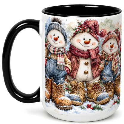 #pl[15oz|Black] Snowman Family Coffee Mug, Winter Friends Mug, Ceramic Cup