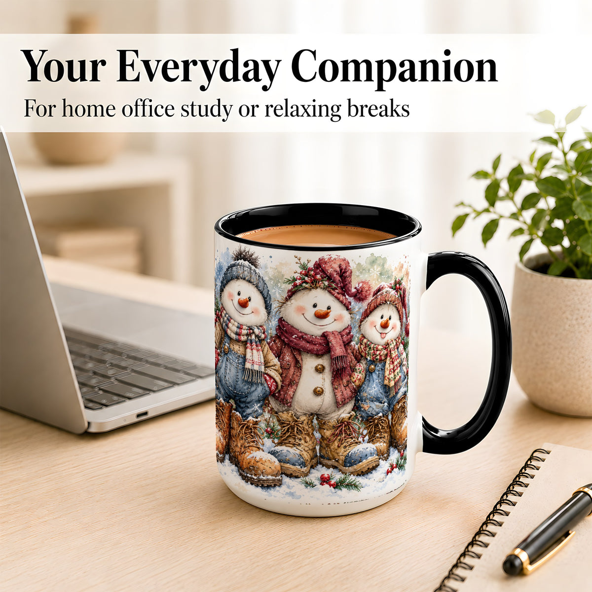 #pl[15oz|Black] Snowman Family Coffee Mug, Winter Friends Mug, Ceramic Cup
