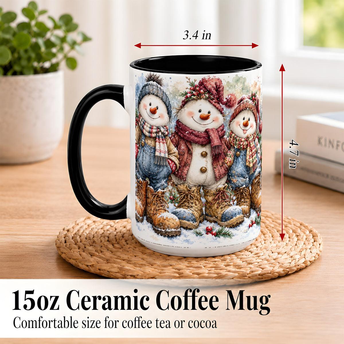 #pl[15oz|Black] Snowman Family Coffee Mug, Winter Friends Mug, Ceramic Cup