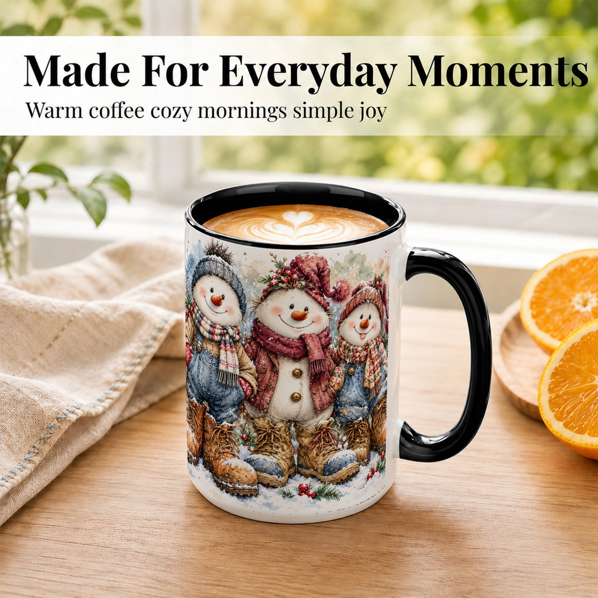 #pl[15oz|Black] Snowman Family Coffee Mug, Winter Friends Mug, Ceramic Cup