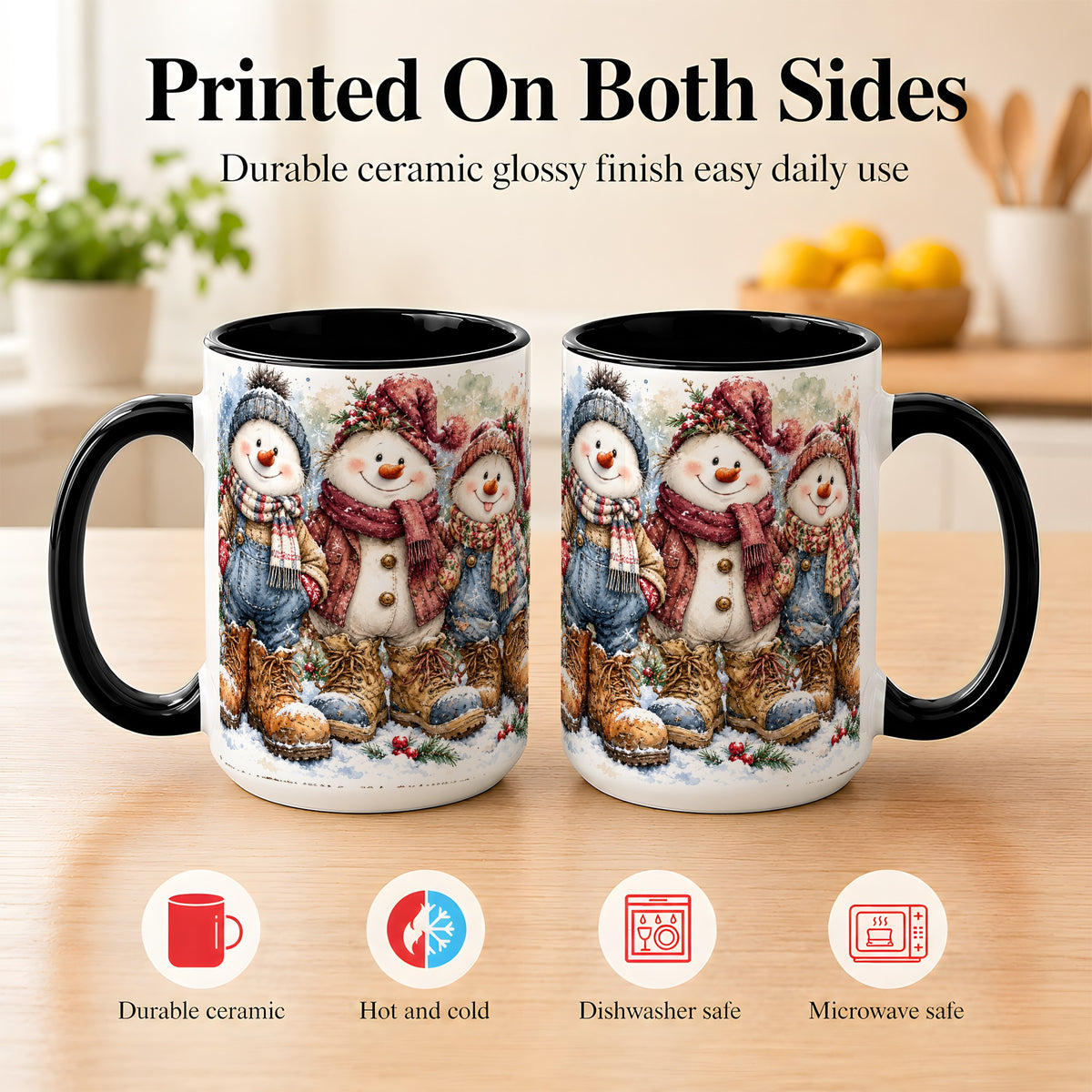 #pl[15oz|Black] Snowman Family Coffee Mug, Winter Friends Mug, Ceramic Cup