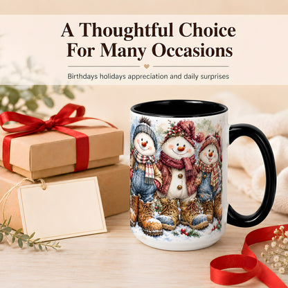 #pl[15oz|Black] Snowman Family Coffee Mug, Winter Friends Mug, Ceramic Cup