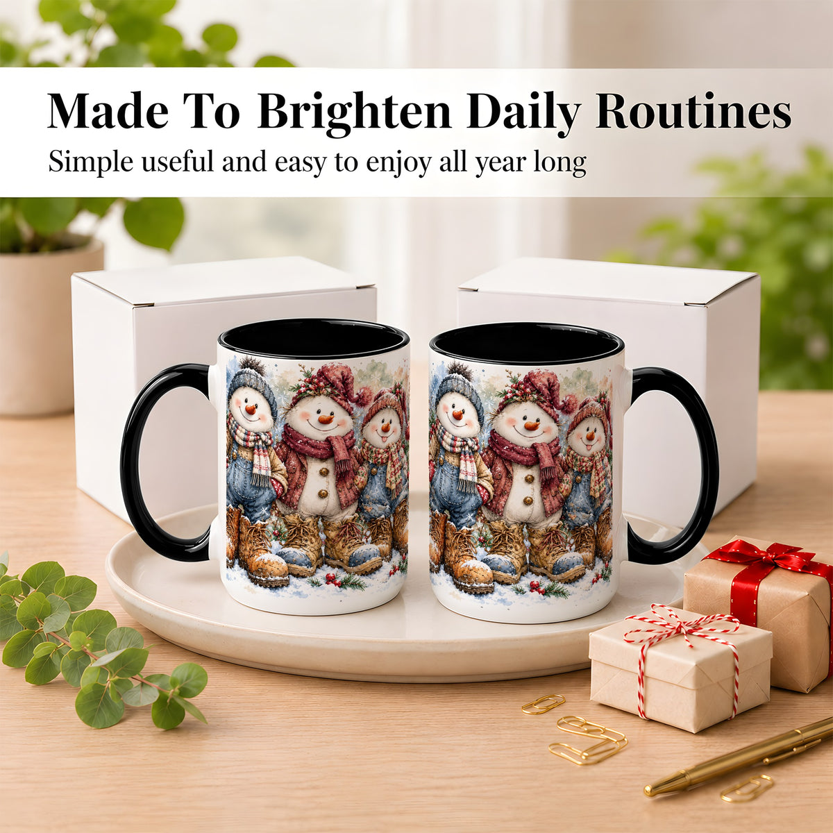 #pl[15oz|Black] Snowman Family Coffee Mug, Winter Friends Mug, Ceramic Cup