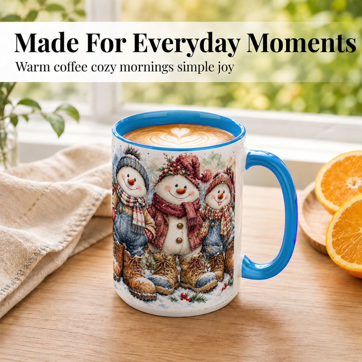 #pl[15oz|Blue] Snowman Family Coffee Mug, Winter Friends Mug, Ceramic Cup