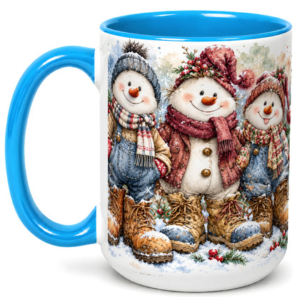 #pl[15oz|Blue] Snowman Family Coffee Mug, Winter Friends Mug, Ceramic Cup