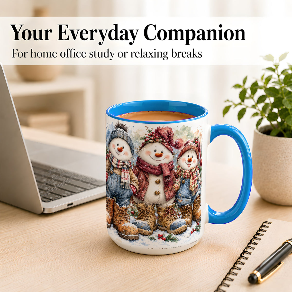 #pl[15oz|Blue] Snowman Family Coffee Mug, Winter Friends Mug, Ceramic Cup