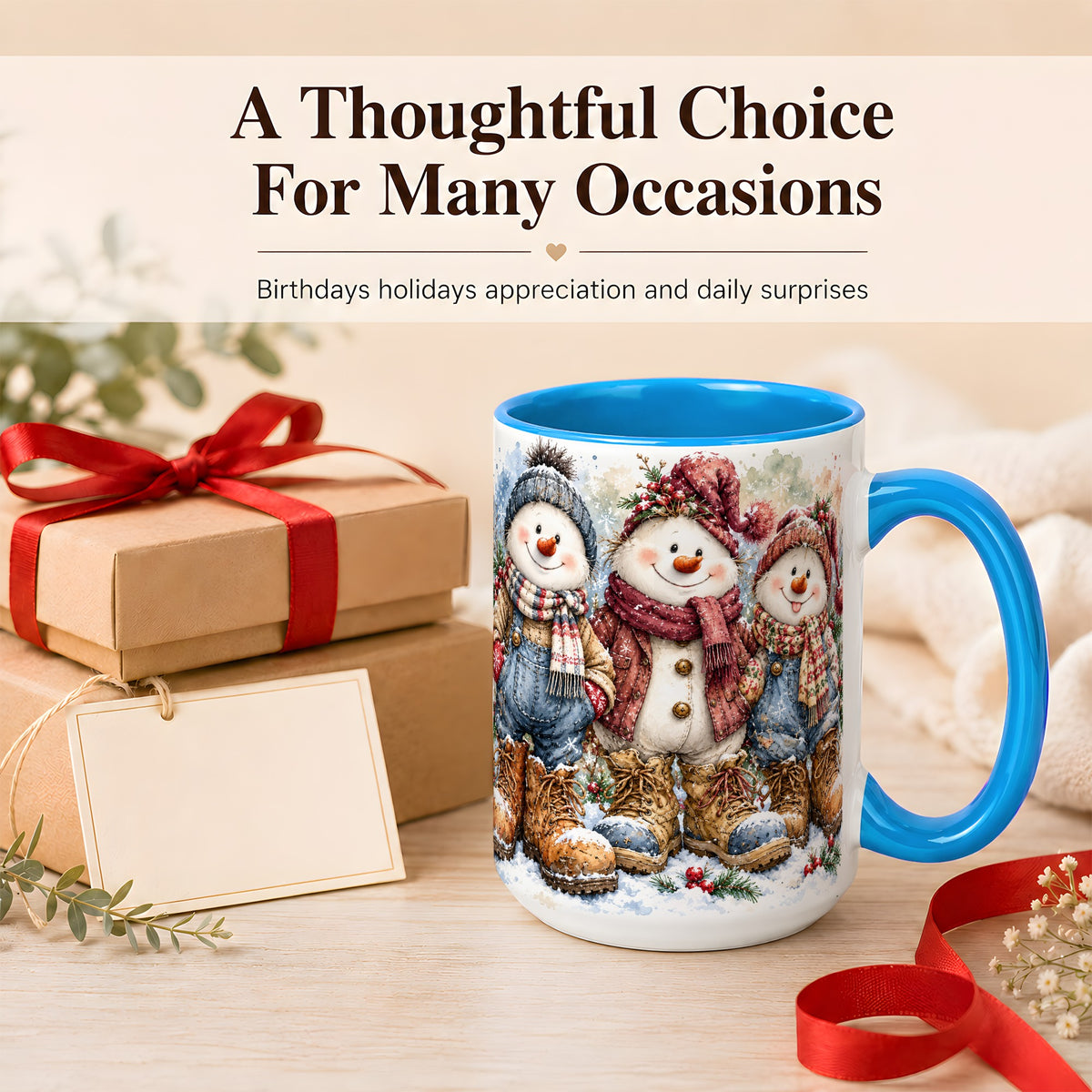 #pl[15oz|Blue] Snowman Family Coffee Mug, Winter Friends Mug, Ceramic Cup