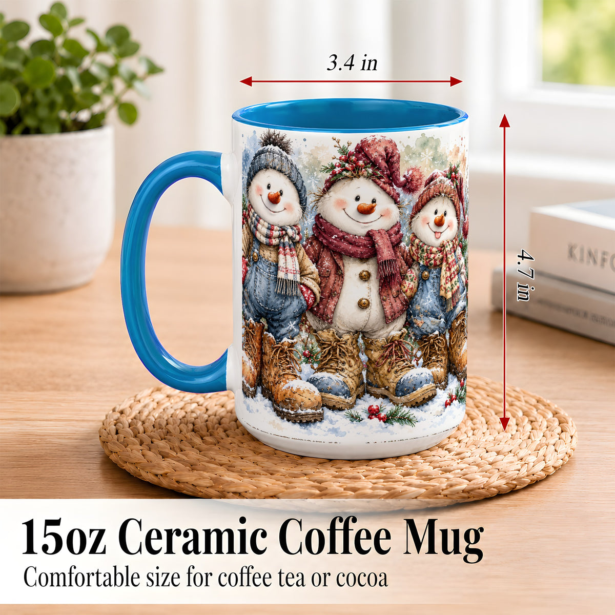 #pl[15oz|Blue] Snowman Family Coffee Mug, Winter Friends Mug, Ceramic Cup