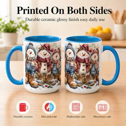 #pl[15oz|Blue] Snowman Family Coffee Mug, Winter Friends Mug, Ceramic Cup