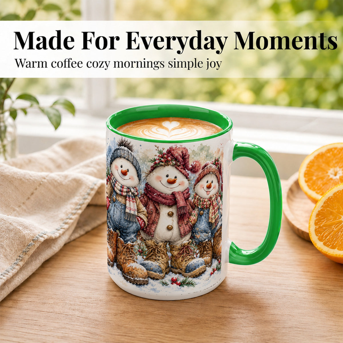 #pl[15oz|Green] Snowman Family Coffee Mug, Winter Friends Mug, Ceramic Cup