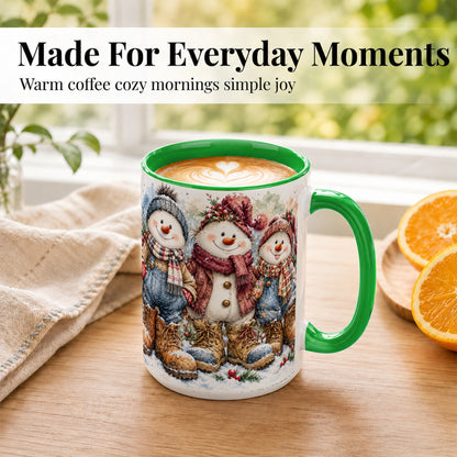 #pl[15oz|Green] Snowman Family Coffee Mug, Winter Friends Mug, Ceramic Cup