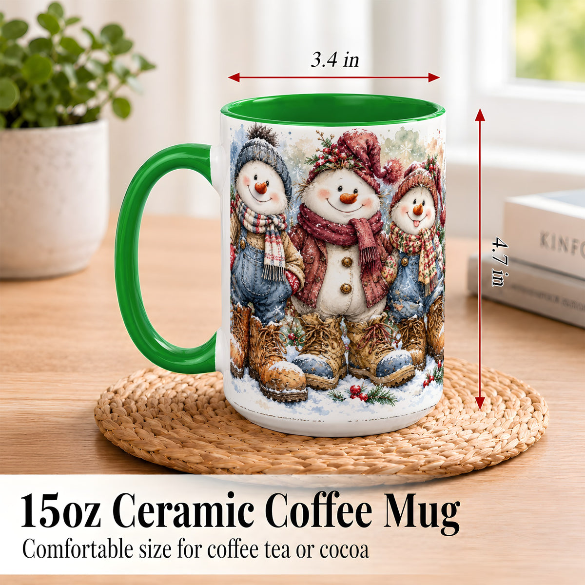#pl[15oz|Green] Snowman Family Coffee Mug, Winter Friends Mug, Ceramic Cup