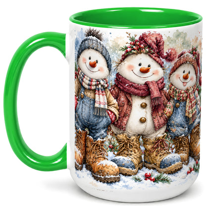 #pl[15oz|Green] Snowman Family Coffee Mug, Winter Friends Mug, Ceramic Cup