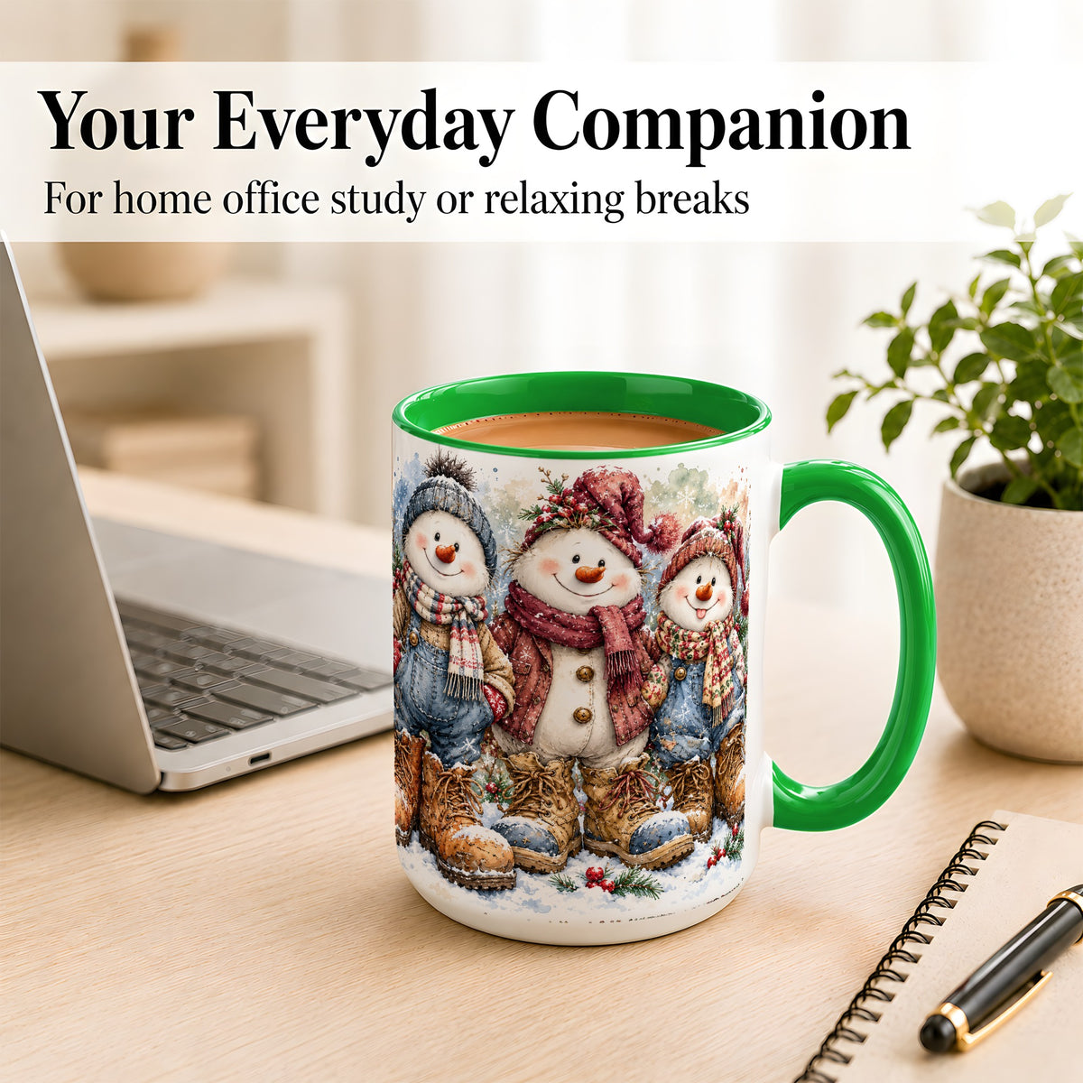 #pl[15oz|Green] Snowman Family Coffee Mug, Winter Friends Mug, Ceramic Cup