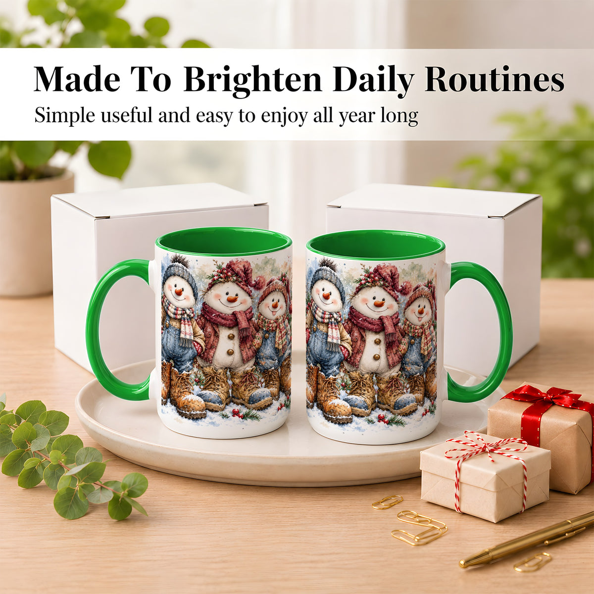 #pl[15oz|Green] Snowman Family Coffee Mug, Winter Friends Mug, Ceramic Cup