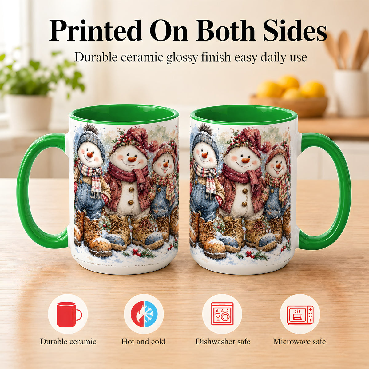 #pl[15oz|Green] Snowman Family Coffee Mug, Winter Friends Mug, Ceramic Cup