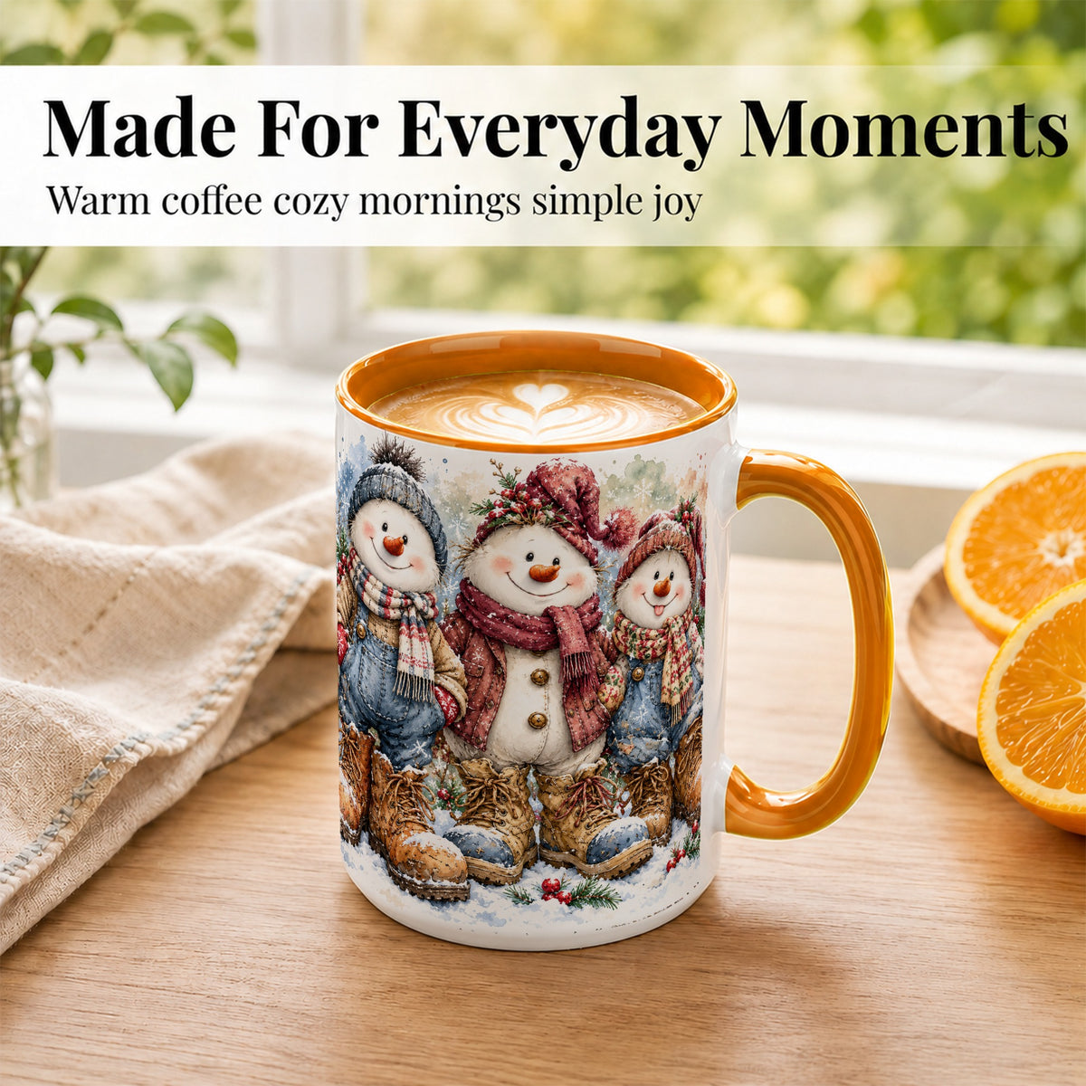 #pl[15oz|Orange] Snowman Family Coffee Mug, Winter Friends Mug, Ceramic Cup