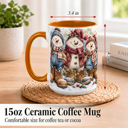 #pl[15oz|Orange] Snowman Family Coffee Mug, Winter Friends Mug, Ceramic Cup