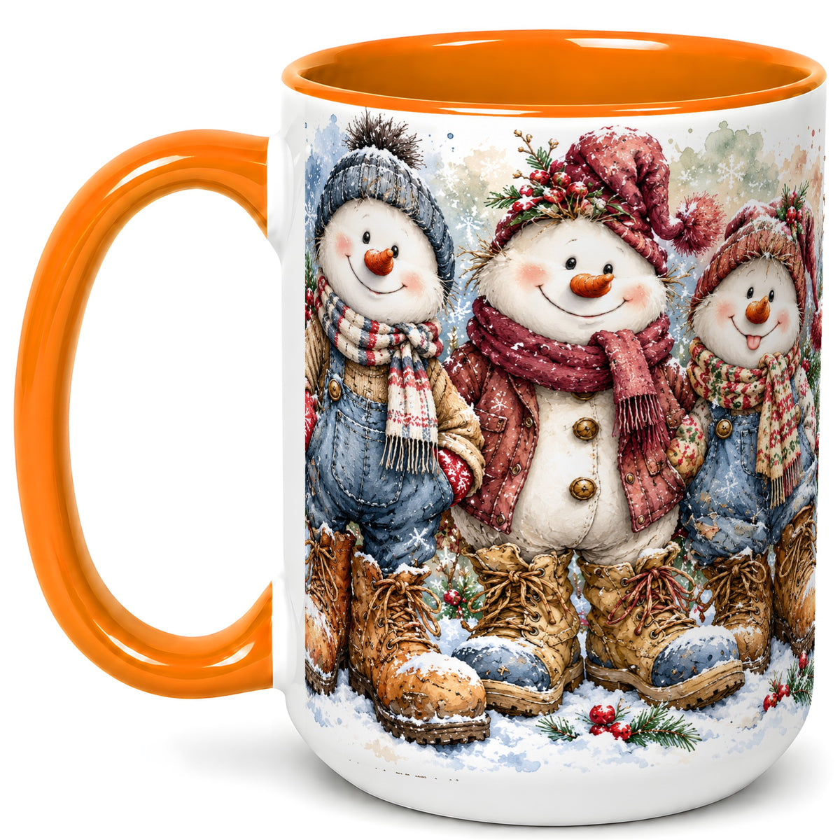 #pl[15oz|Orange] Snowman Family Coffee Mug, Winter Friends Mug, Ceramic Cup
