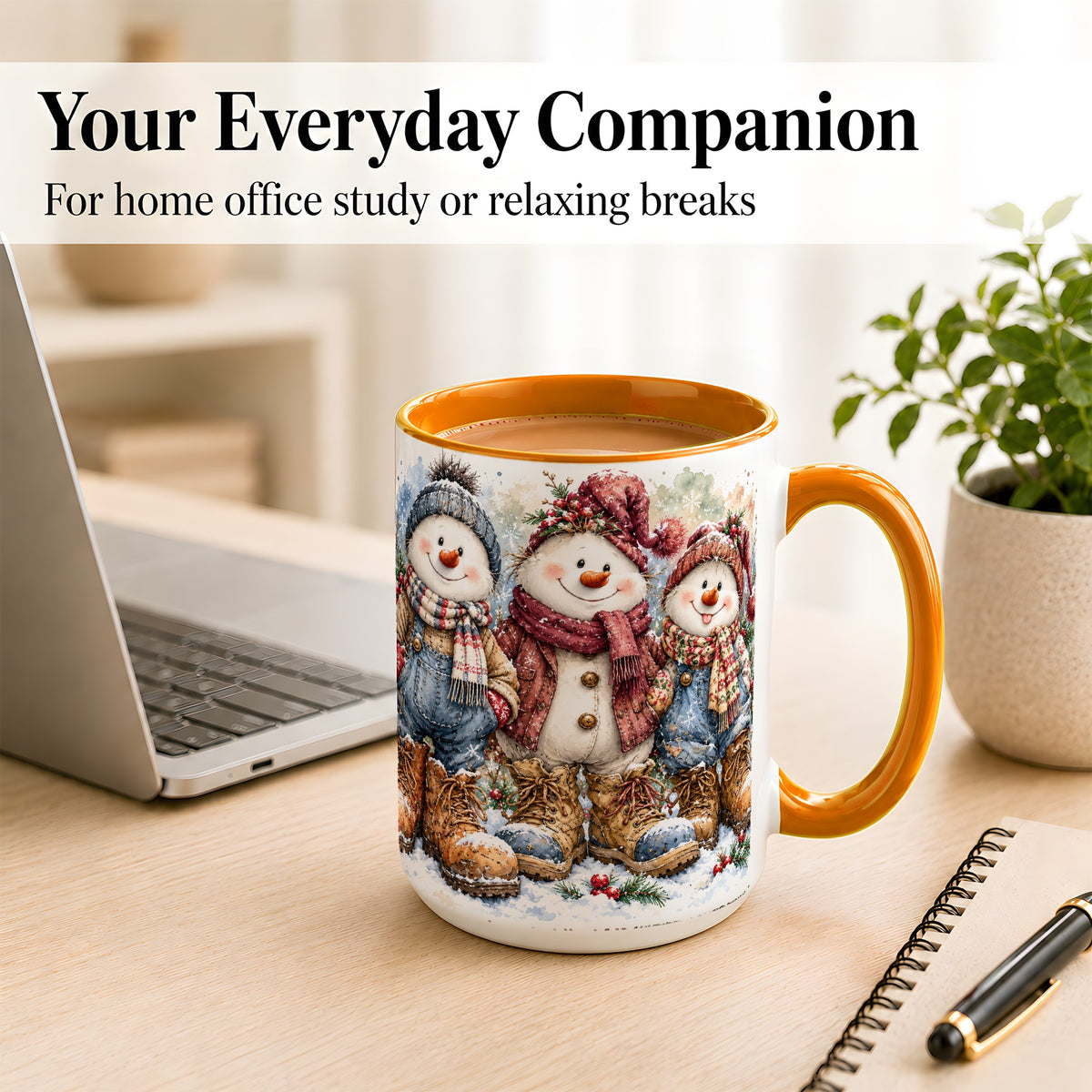 #pl[15oz|Orange] Snowman Family Coffee Mug, Winter Friends Mug, Ceramic Cup
