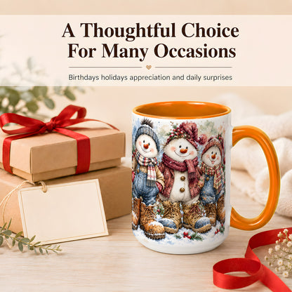 #pl[15oz|Orange] Snowman Family Coffee Mug, Winter Friends Mug, Ceramic Cup