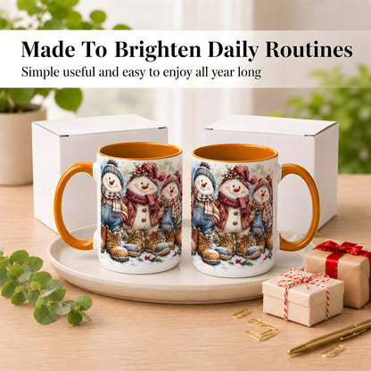 #pl[15oz|Orange] Snowman Family Coffee Mug, Winter Friends Mug, Ceramic Cup
