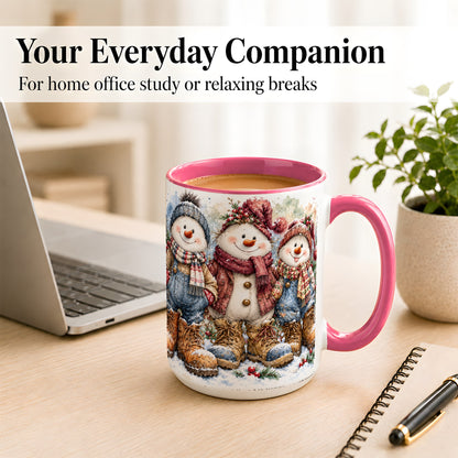 #pl[15oz|Pink] Snowman Family Coffee Mug, Winter Friends Mug, Ceramic Cup