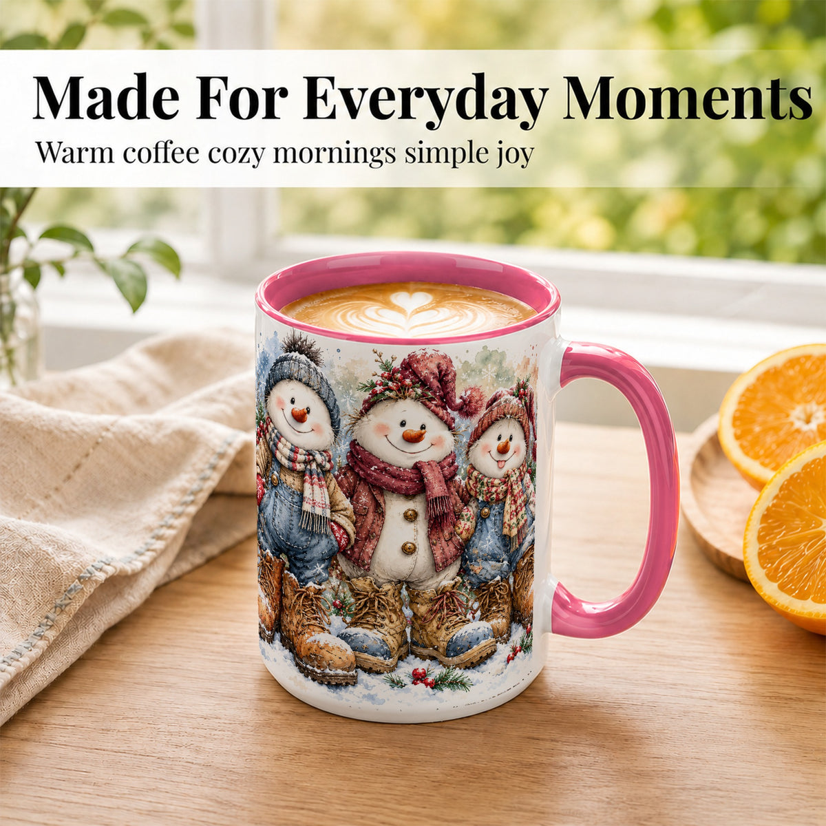 #pl[15oz|Pink] Snowman Family Coffee Mug, Winter Friends Mug, Ceramic Cup