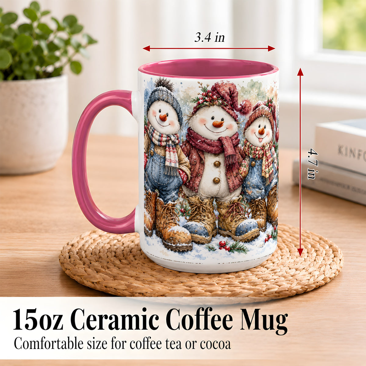 #pl[15oz|Pink] Snowman Family Coffee Mug, Winter Friends Mug, Ceramic Cup