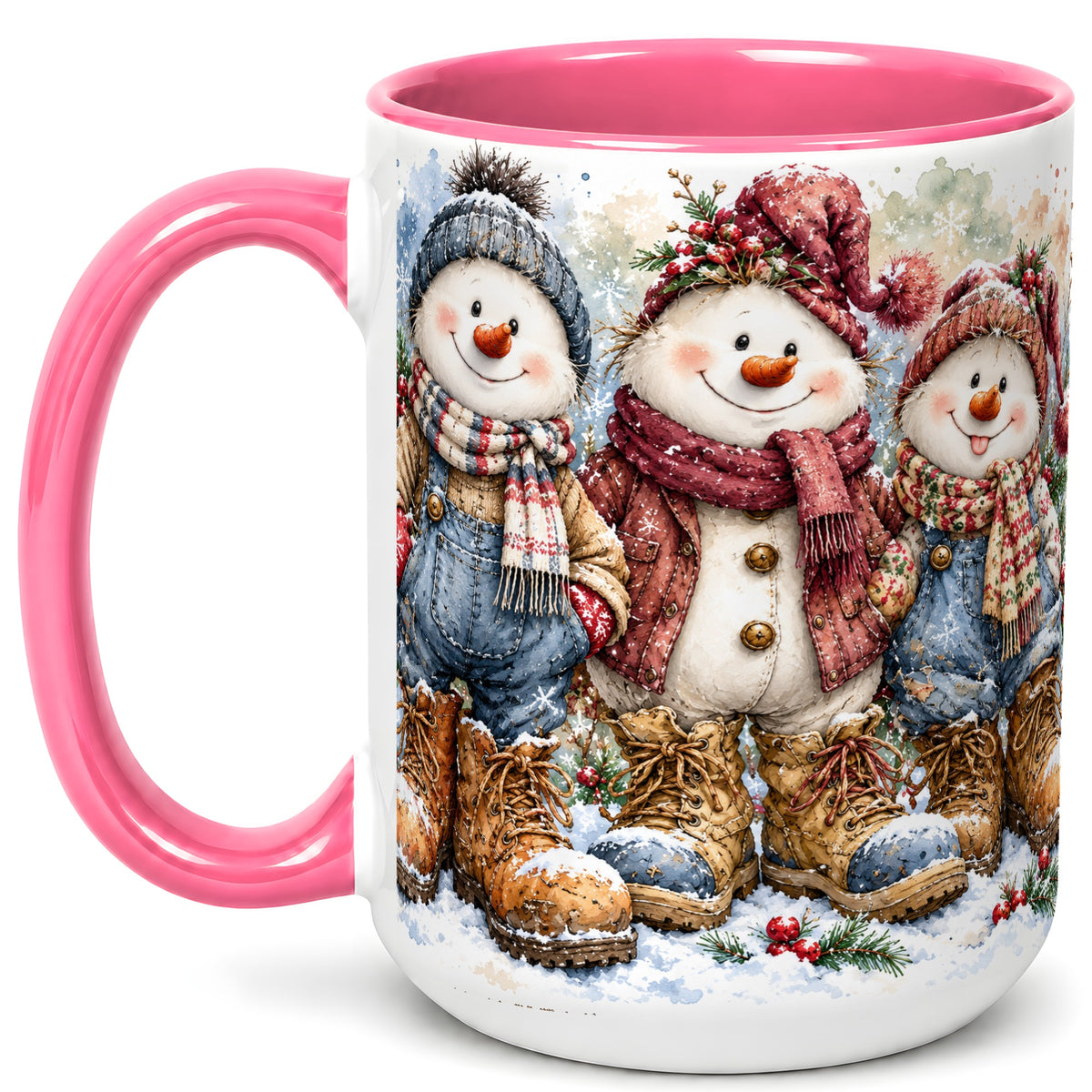 #pl[15oz|Pink] Snowman Family Coffee Mug, Winter Friends Mug, Ceramic Cup