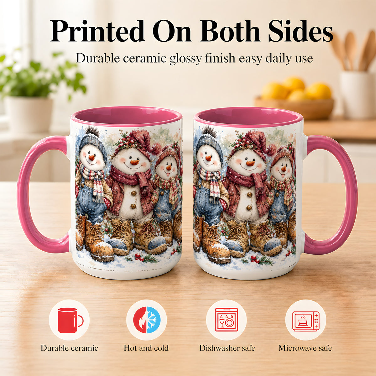 #pl[15oz|Pink] Snowman Family Coffee Mug, Winter Friends Mug, Ceramic Cup