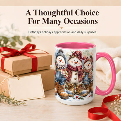 #pl[15oz|Pink] Snowman Family Coffee Mug, Winter Friends Mug, Ceramic Cup