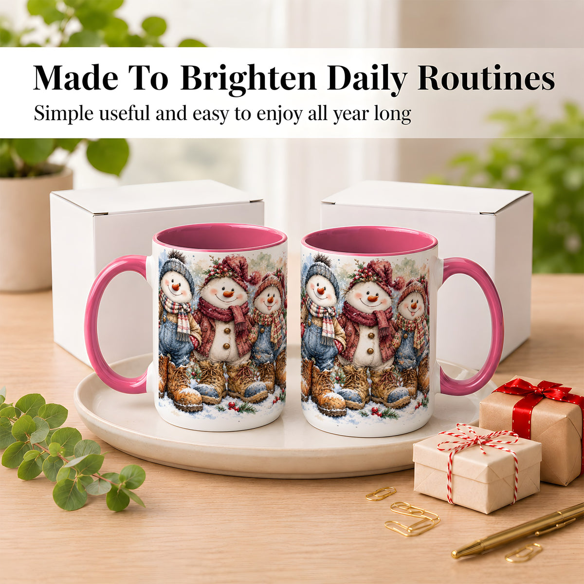 #pl[15oz|Pink] Snowman Family Coffee Mug, Winter Friends Mug, Ceramic Cup