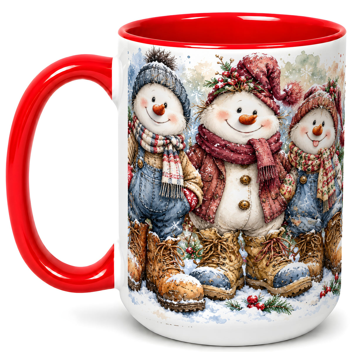 #pl[15oz|Red] Snowman Family Coffee Mug, Winter Friends Mug, Ceramic Cup