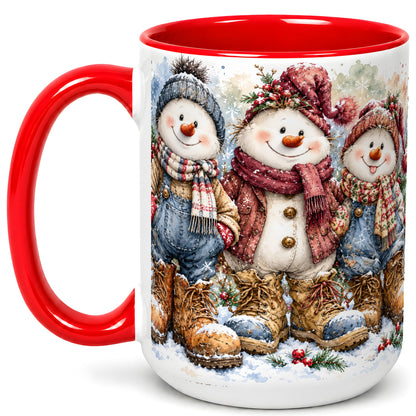 #pl[15oz|Red] Snowman Family Coffee Mug, Winter Friends Mug, Ceramic Cup
