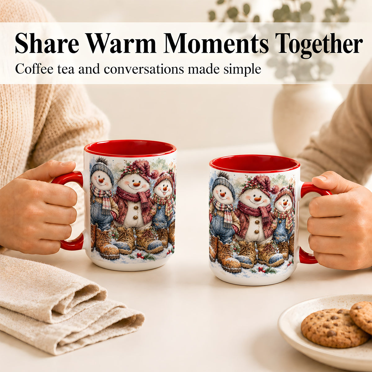 #pl[15oz|Red] Snowman Family Coffee Mug, Winter Friends Mug, Ceramic Cup