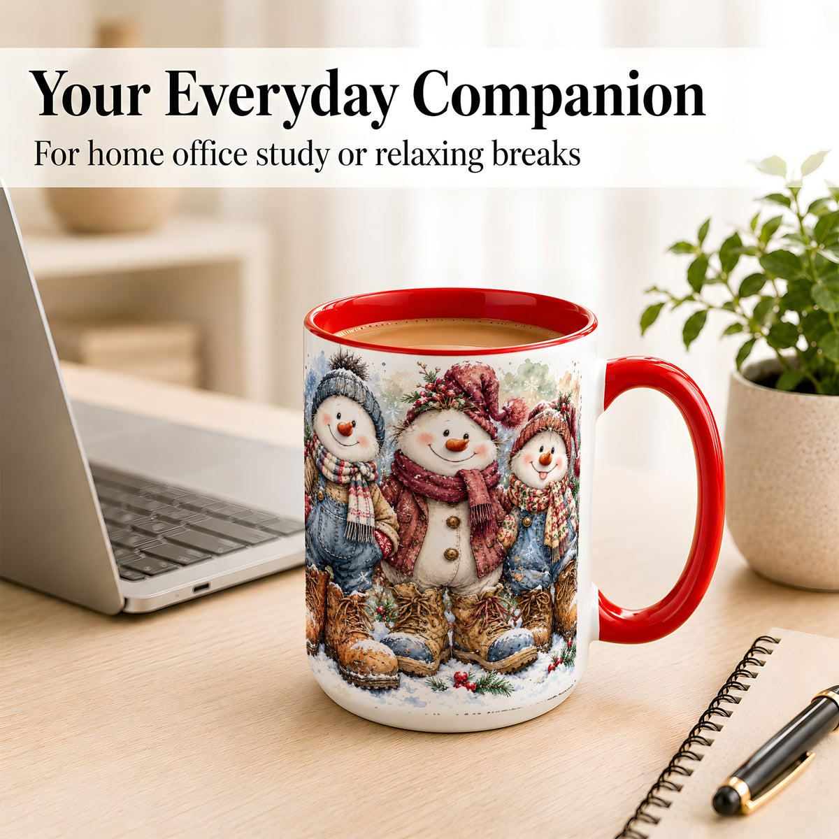 #pl[15oz|Red] Snowman Family Coffee Mug, Winter Friends Mug, Ceramic Cup