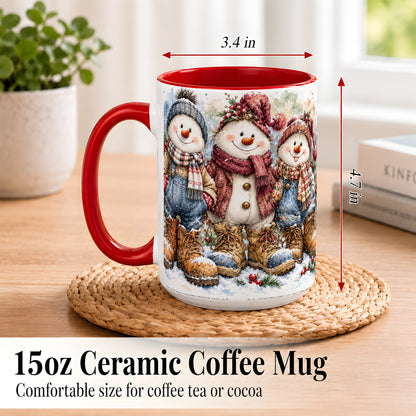 #pl[15oz|Red] Snowman Family Coffee Mug, Winter Friends Mug, Ceramic Cup