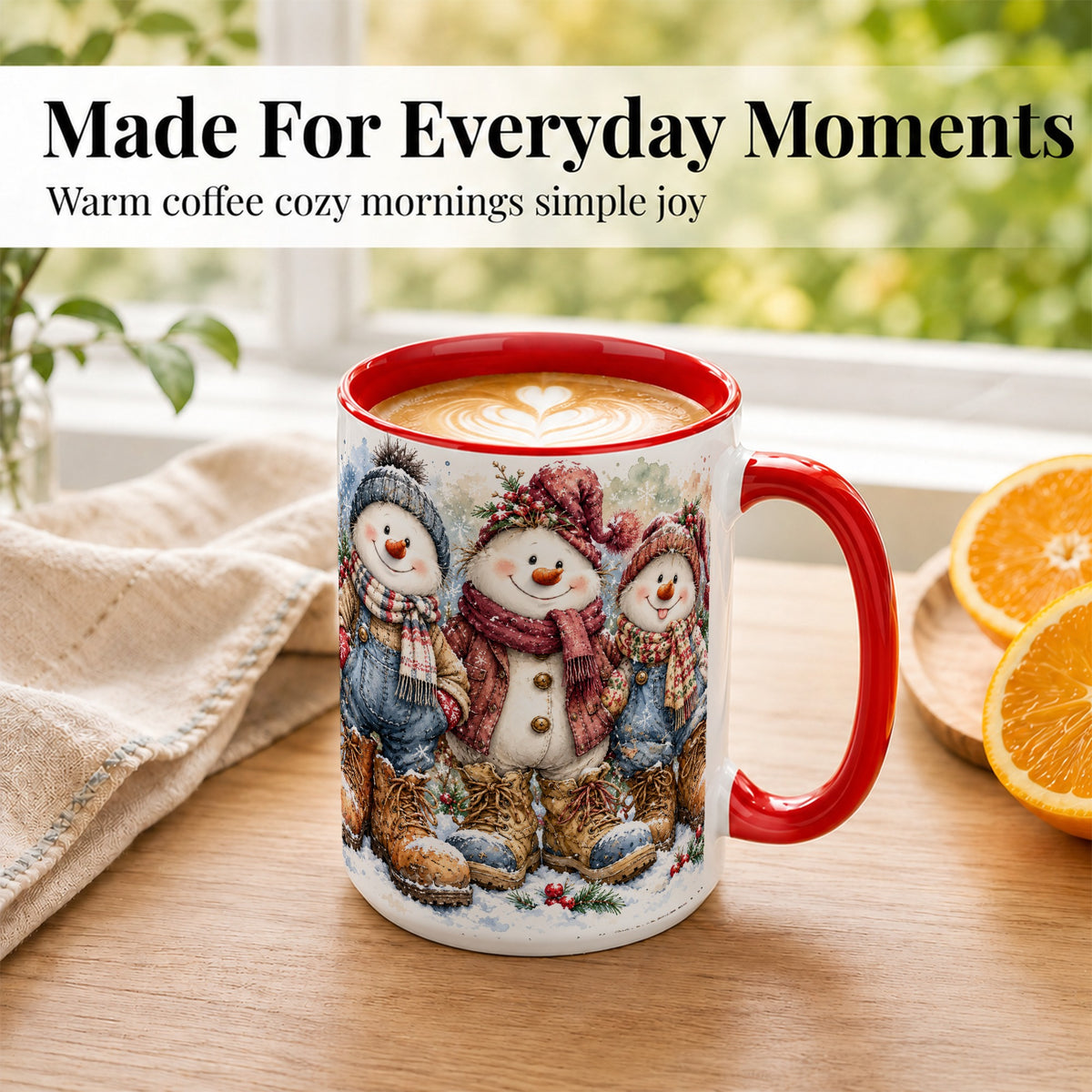 #pl[15oz|Red] Snowman Family Coffee Mug, Winter Friends Mug, Ceramic Cup