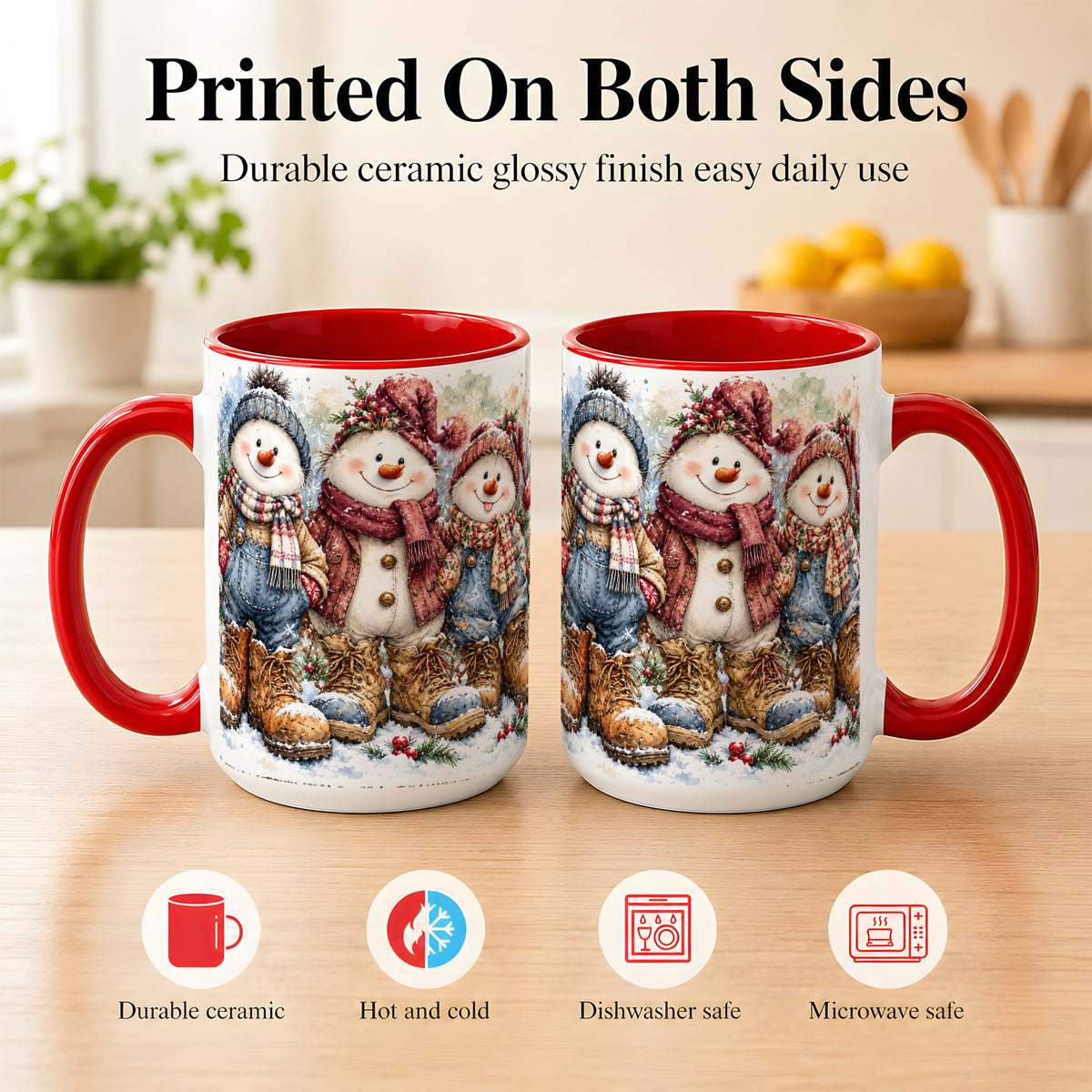 #pl[15oz|Red] Snowman Family Coffee Mug, Winter Friends Mug, Ceramic Cup