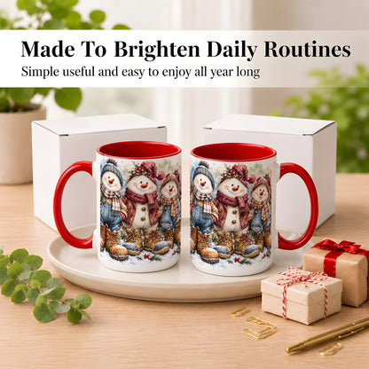 #pl[15oz|Red] Snowman Family Coffee Mug, Winter Friends Mug, Ceramic Cup