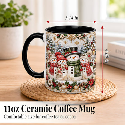 #pl[11oz|Black] Elegant Snowman Coffee Mug, Golden Christmas Family Mug, Ceramic Cup